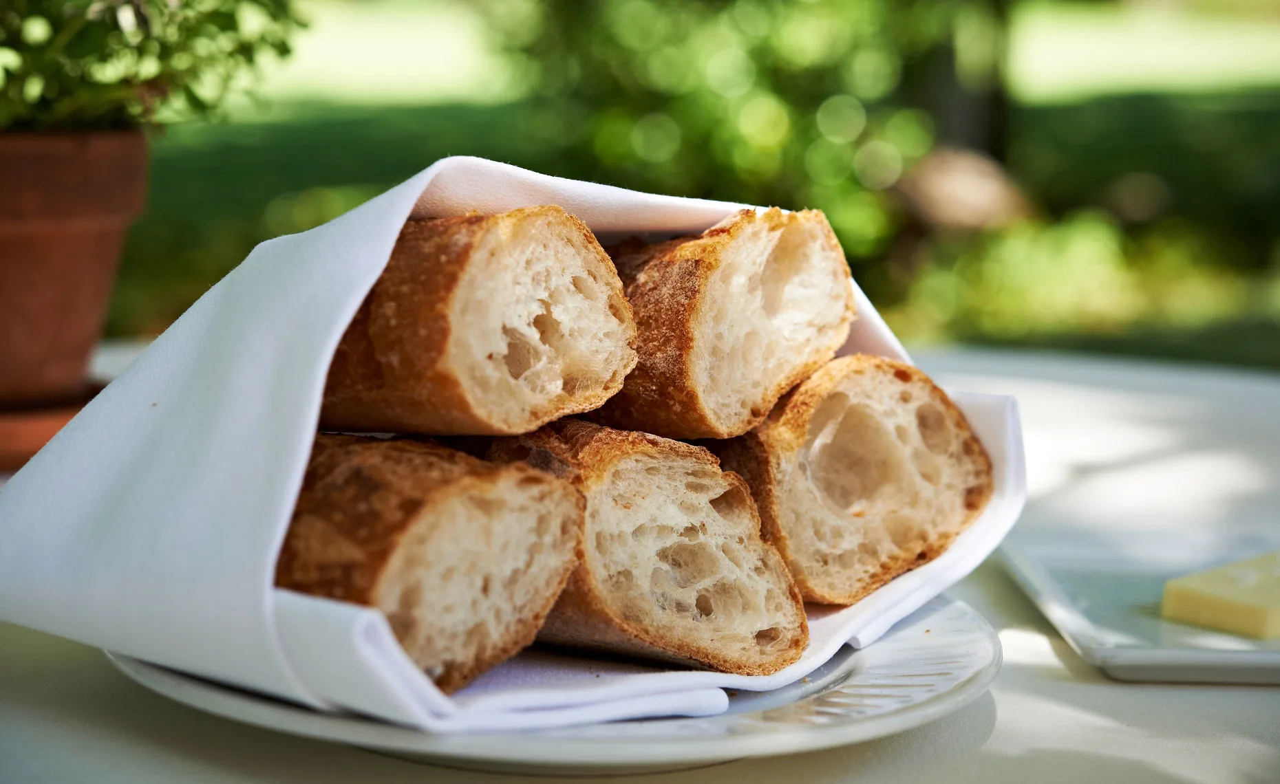 Bread, baguette, table, outside